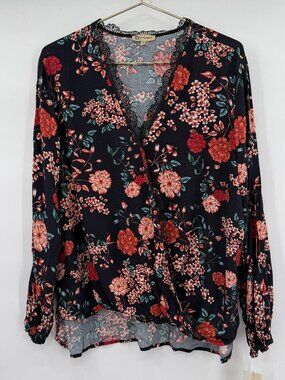 Democracy Floral Lace Trim Blouse NWT Women’s Medium Boho Peasant Top